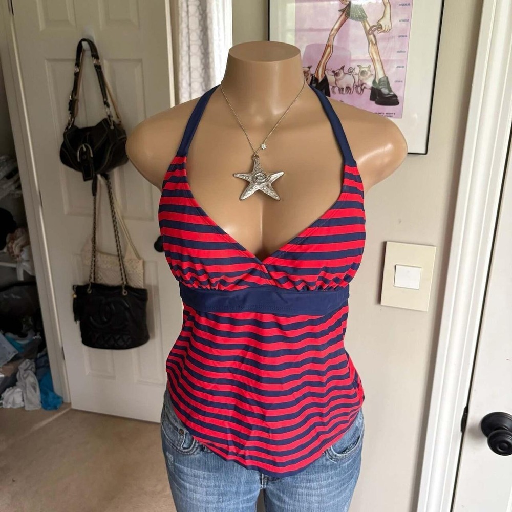 y2k 2000s red navy striped halter top